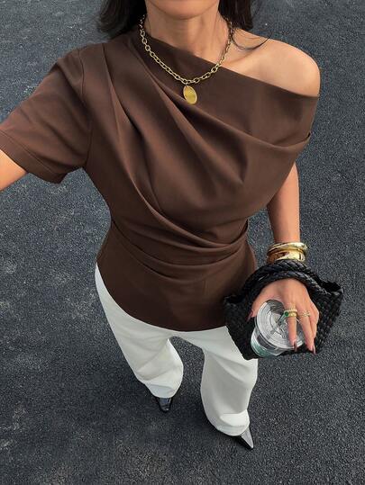 Siren Gaze 女士休闲不对称领口褶裥腰身衬衫，简约纯色，适合日常通勤和夏季穿着