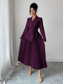 Rafferiza 女士休闲百搭通勤拼接西装领长袖收腰褶裥中长连衣裙，秋冬款 - Red Plum - 查看 5