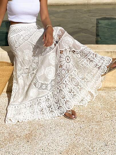 Livesso Lightweight Hollow Knit Crochet White Skirt, Elegant Bohemian Style For Beach, Wedding, Casual, Commute, Spring/Summer