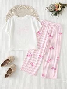 Maija Kids 2pcs/Set Young Girl Bow Knit Soft Round Neck Short Sleeve Top And Elastic Waist Pants Set - Pink - View 2