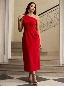 ZEYLAH Elegant Date Night 3D Floral Decor Midi One Shoulder Dress - Red - View 4