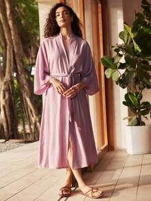 Lullawish 情人节波西米亚风宽松舒适亚麻长袍（女士款） - 藕粉色 - 查看 1