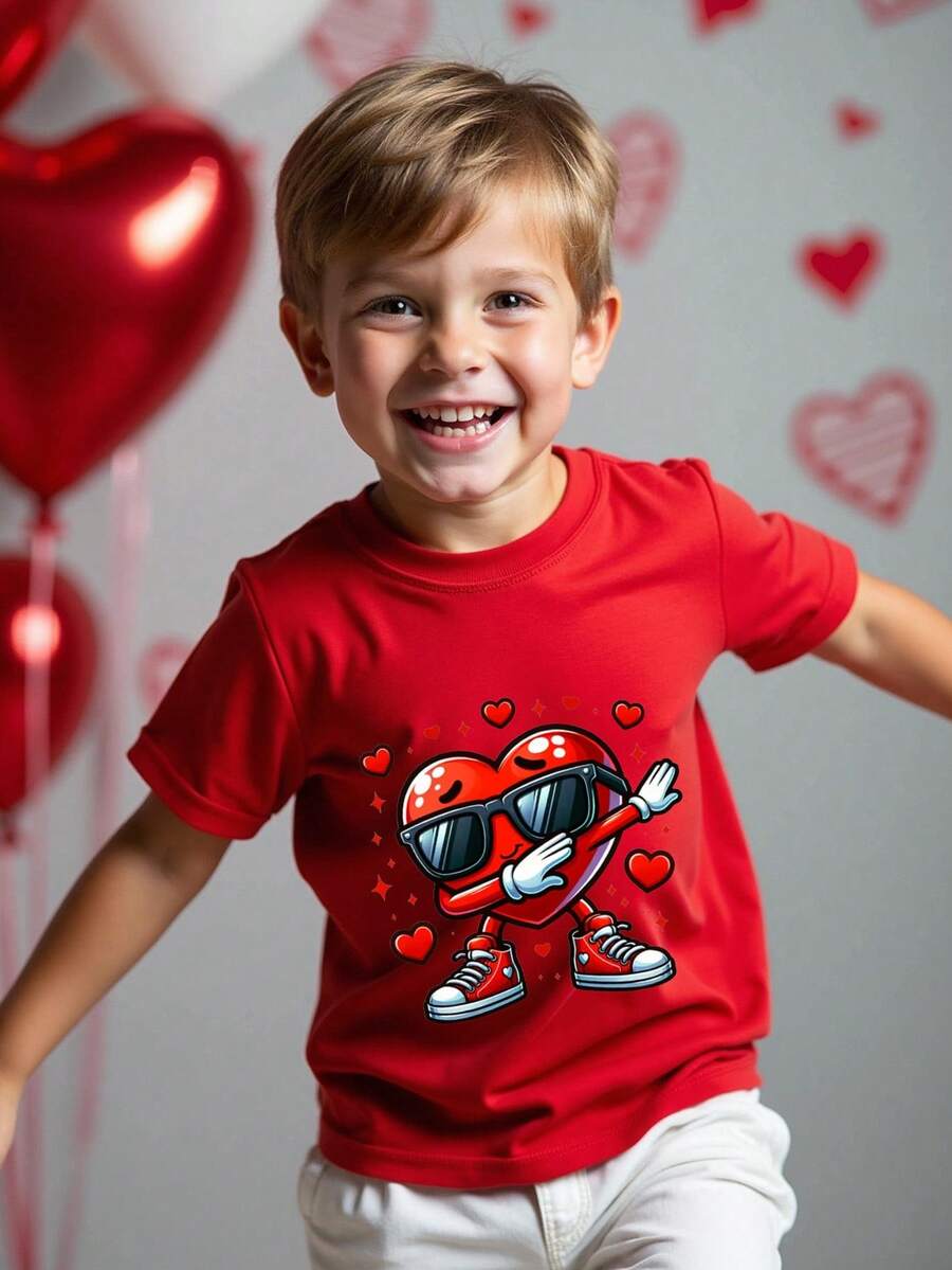 SHEIN Streecool Kids Young Boys' Casual Fashionable Comfortable Minimalist Versatile Creative Cute Heart & Star Graphic Short Sleeve T-Shirt, Suitable For Summer Outings And Valentine's Day - Red - View 1