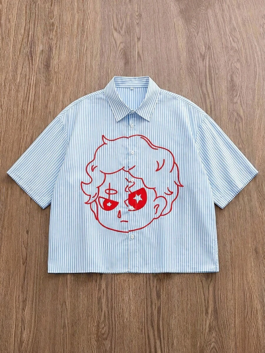 SWAVVY 男士时尚条纹印花衬衫，春夏款 - 藍色 - 查看 1