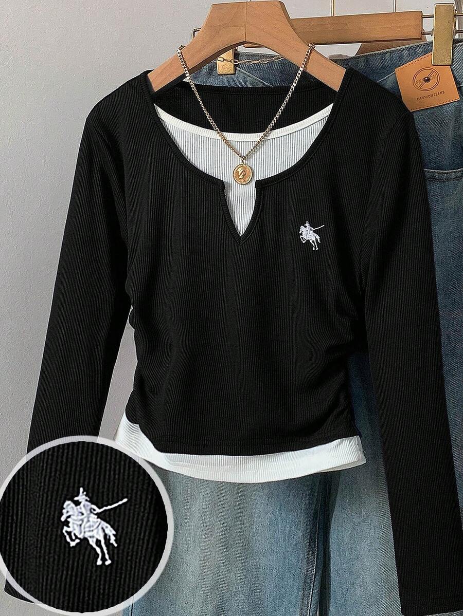 SHEIN 少女海军蓝白拼接腰部褶皱修身小Logo印花长袖针织休闲T恤 - 黑與白 - 查看 1