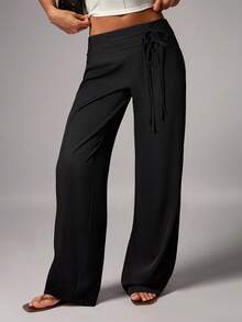 Avenya 女士黑色高腰双腰带系带阔腿裤 - 黑色 - 查看 1