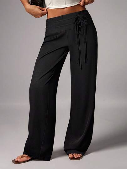 Avenya 女士黑色高腰双腰带系带阔腿裤