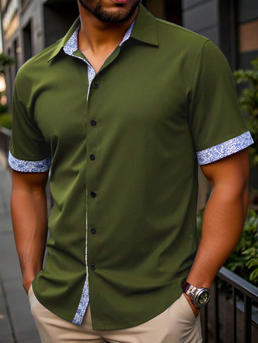 Manfinity Homme Plus Size Men's Casual Printed Patchwork Shirt,Army Green Summer Short Sleeve Shirt For City Break,Men's Green Shirt - Army Green - View 1