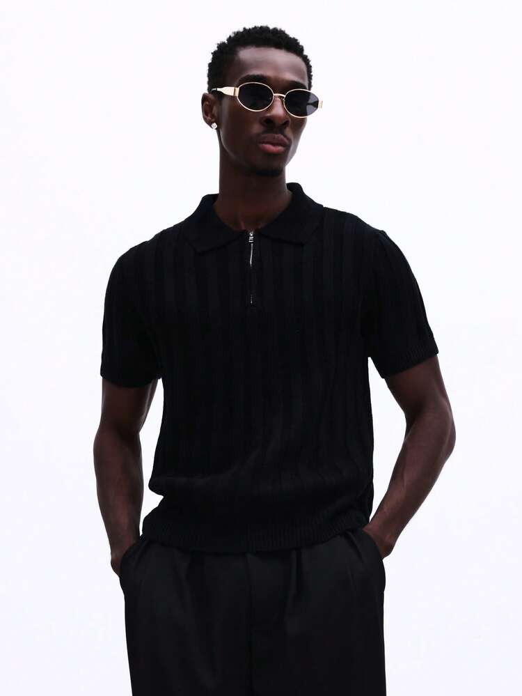 Polo-Shirt mit Viertelreißverschluss und Rippstrickkragen