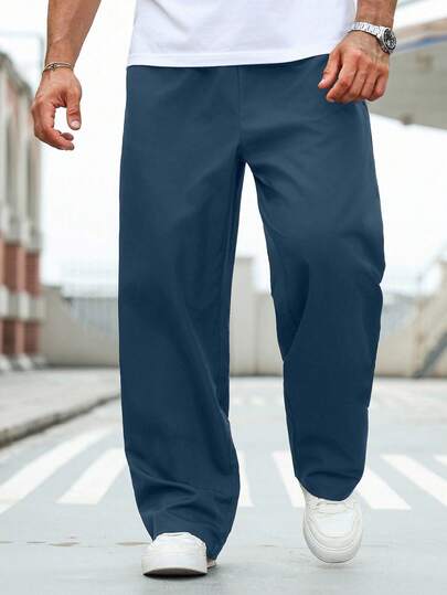 Manfinity Homme Plus Size Men's Solid Color Drawstring Waist Casual Pants Blue Sweatpants Men Mens Drawstring Pants Mens Lightweight Summer Pants Summer Joggers Men