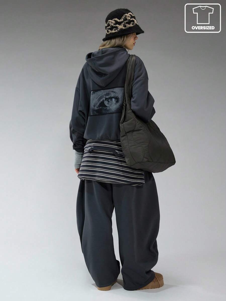 COUREZ Áo hoodie ngoại cỡ in hình đồ họa phía sau / Áo nỉ phong cách Y2K cho nữ, quần áo mùa đông cho nữ, áo hoodie cho nữ, bộ đồ thể thao mùa hè cho nữ. - Màu xanh hải quân - Xem 1