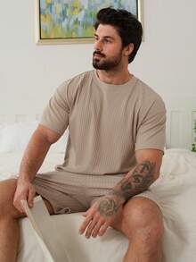 Men's Solid Color Apricot Short Sleeve T-Shirt And Shorts Pajama Set, Summer - Apricot - View 6