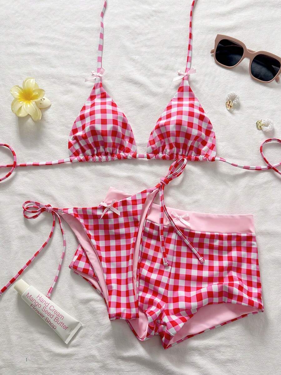 Swim Mod 女士甜美格子26ss新款比基尼三件套，简约沙滩度假泳装 - 彩色 - 查看 1