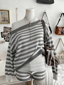 Sunspun Autumn/Winter Fashion Minimalist Striped Off-Shoulder Long Sleeve Loose Pullover Knit Top & Fitted Shorts Casual Matching Sweater Set - Multicolor - View 1