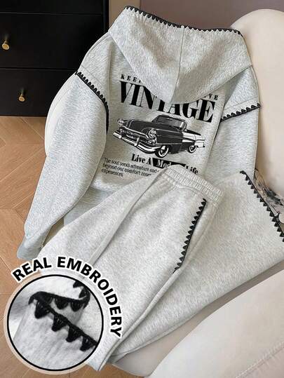 Resyla 女士两件套服装，/休闲复古汽车图案卫衣，趣味卫衣，长袖宽松时尚撞色贝壳线女士连帽衫和弹力高腰休闲裤，秋冬连帽上衣，舒适秋冬女装，女友礼物，新年礼物，母亲节礼物，圣诞礼物