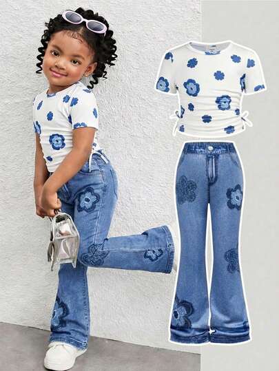 2pcs Young Girl Set: Black Round Neck Knit T-Shirt And Slim Fit Casual Pants,Streetwear Casual Game Day  Back To School