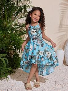 年轻女孩优雅简约印花无袖吊带连衣裙 - 淺藍色 - 查看 5