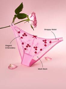 LUVLETTE Low-Rise Pink Rose Embroidered Elegance Lingerie Floral Lace & Demi-Sheer Mesh & Strappy Sexy Briefs Romantic Valentine's Day Gifts - Pink - View 3