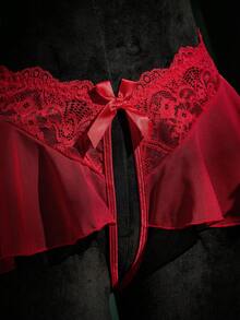 SpicyHot 情人节性感系列蕾丝拼接链条镂空两件套女士性感内衣套装 - 紅色 - 查看 4