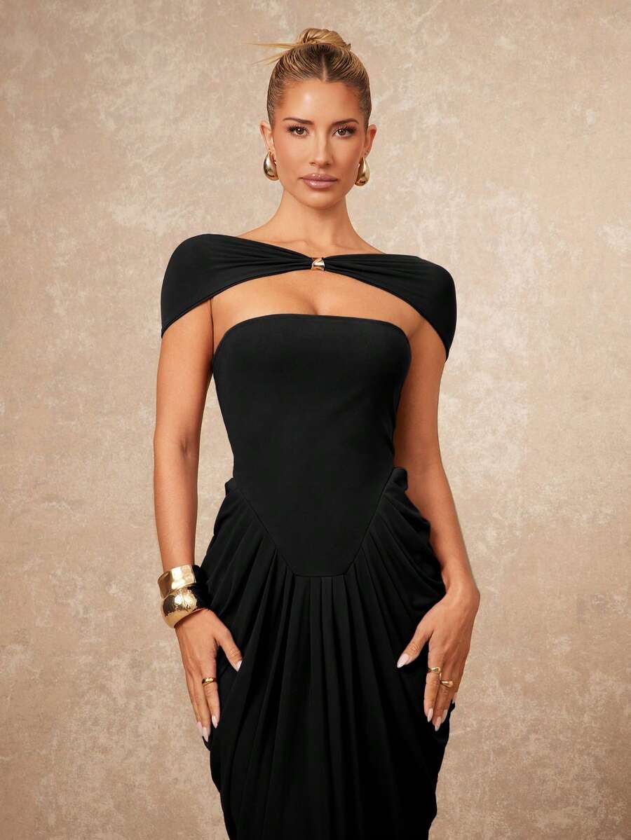 Lumalex 金属装饰胸衣金属网纱垂褶美人鱼裙摆女装 - 黑色 - 查看 1