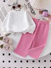 SHEIN Bộ 2 món cho bé gái sơ sinh/trẻ nhỏ: áo thun cổ tròn dệt kim và quần dài có nơ thắt lưng dệt kim đính sequin hình bướm, trang phục thể thao thời trang, mùa thu/đông. - Hồng - Xem 3