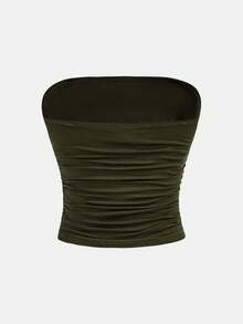 SHEIN Girlism Teen Girl Knit Patchwork Leopard Print Ruched Casual Camisole - Army Green - View 2