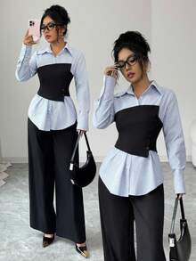 Siren Gaze Women's Blue Striped Long Sleeve Blouse With Black Corset Overlay & Wide Leg Pants Set,Blackness,Autumn,Elegant,Office 2 Pieces Patchwork Casual Suit - Multicolor - View 4