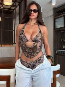 Swim SXY 3 pièces/set Maillot de bain triangle à lacets avec imprimé léopard et zèbre aléatoire, volants en maille, sexy pour la plage - Multicolore - Voir 3