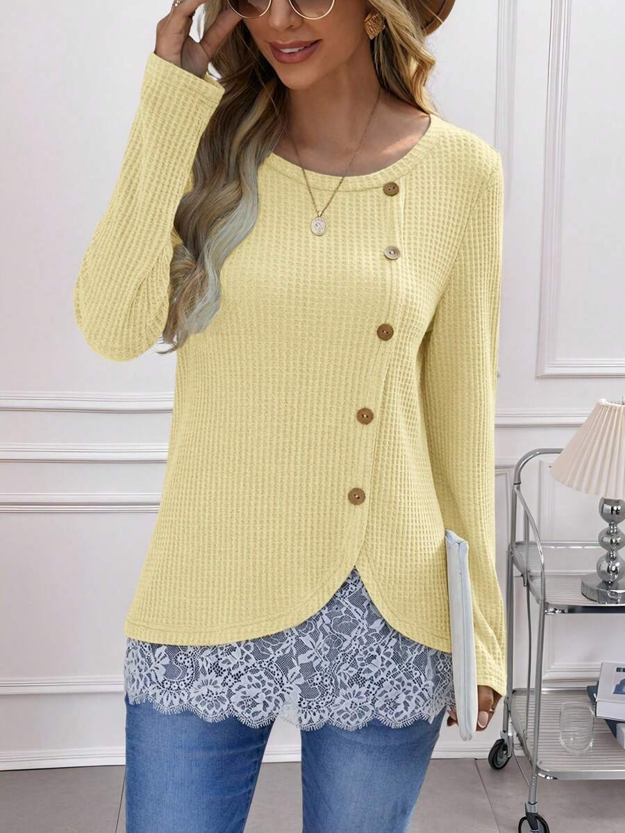 EMERY ROSE Women's Round Neck Long Sleeve Button Design Lace Hem Casual T-Shirt - Yellow - View 1
