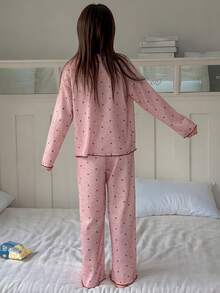 DAZY Tween Girl Heart Print Button Front Long Sleeve Top And Pants Pajama Set - Pink - View 2