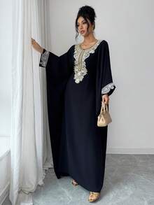 Elenzga Contrast Guipure Lace Batwing Sleeve Maxi Dress - Black - View 3