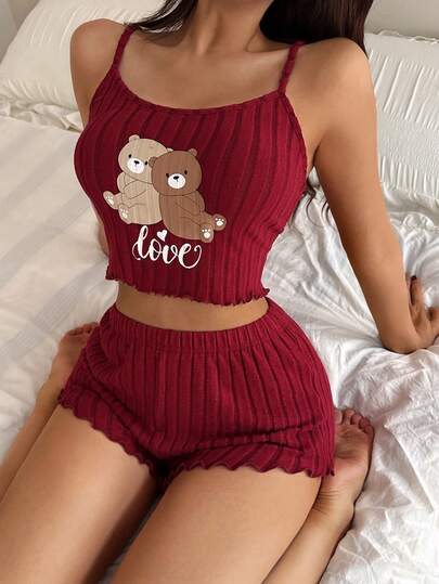 ZzzCrew Cute Bear Print Red Knit Camisole & Shorts Pajama Set For Women Cute Sleep Set Sleeping Set Cute Underwear Set Two Piece Night Set Lingerie Sleep Set