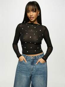 MISSGUIDED Crystal Embellished Long Sleeve Sheer Mesh Top With Rhinestone Details For Evening Party Occasions - Black - View 3