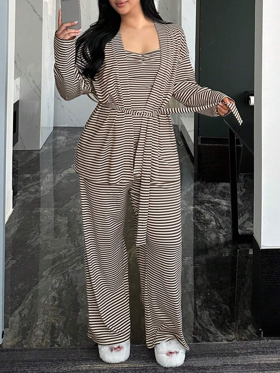 Dazy Plus 3 PiecesStriped Casual Pajama Set - Loose Tie-Front Cardigan, Camisole, And Long Pants, Suitable For Spring, Summer, And Autumn - Khaki - View 1