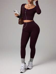 Dewbera Women's Seamless Fitted High Waist Slimming Sports Long Sleeve Top And Pants Set - Coffee Brown - View 3