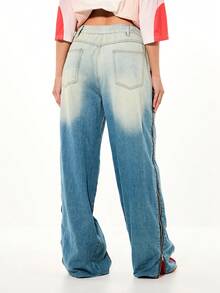 SUMWON WOMEN Denim Wide Leg Jeans With Red Zip Panels And Contrast Stitching High Rise Drawstring Closure Fashion Statement Piece