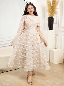 Vestido elegante de unicolor con diseño de borlas y cinta para adolescentes - Albaricoque - Ver 3