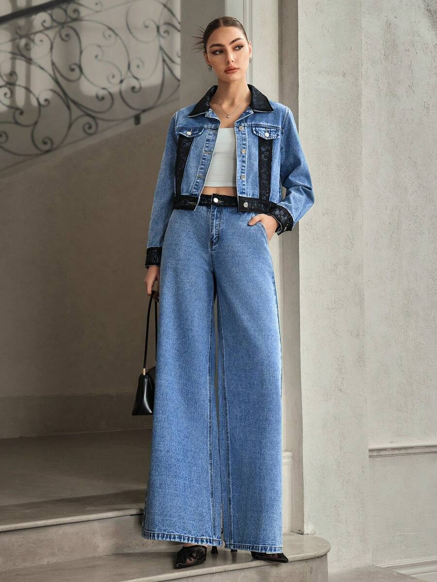 Selenza Women's Solid Color Slant Pocket Casual Versatile Wide Leg Jeans - Blue - View 1