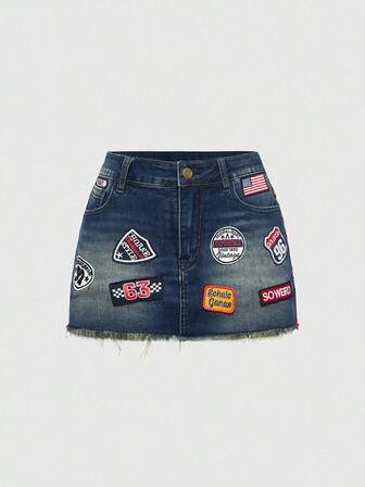 ROMWE Avant Jupe mini en jean vintage et délavé avec logo rétro pour femmes