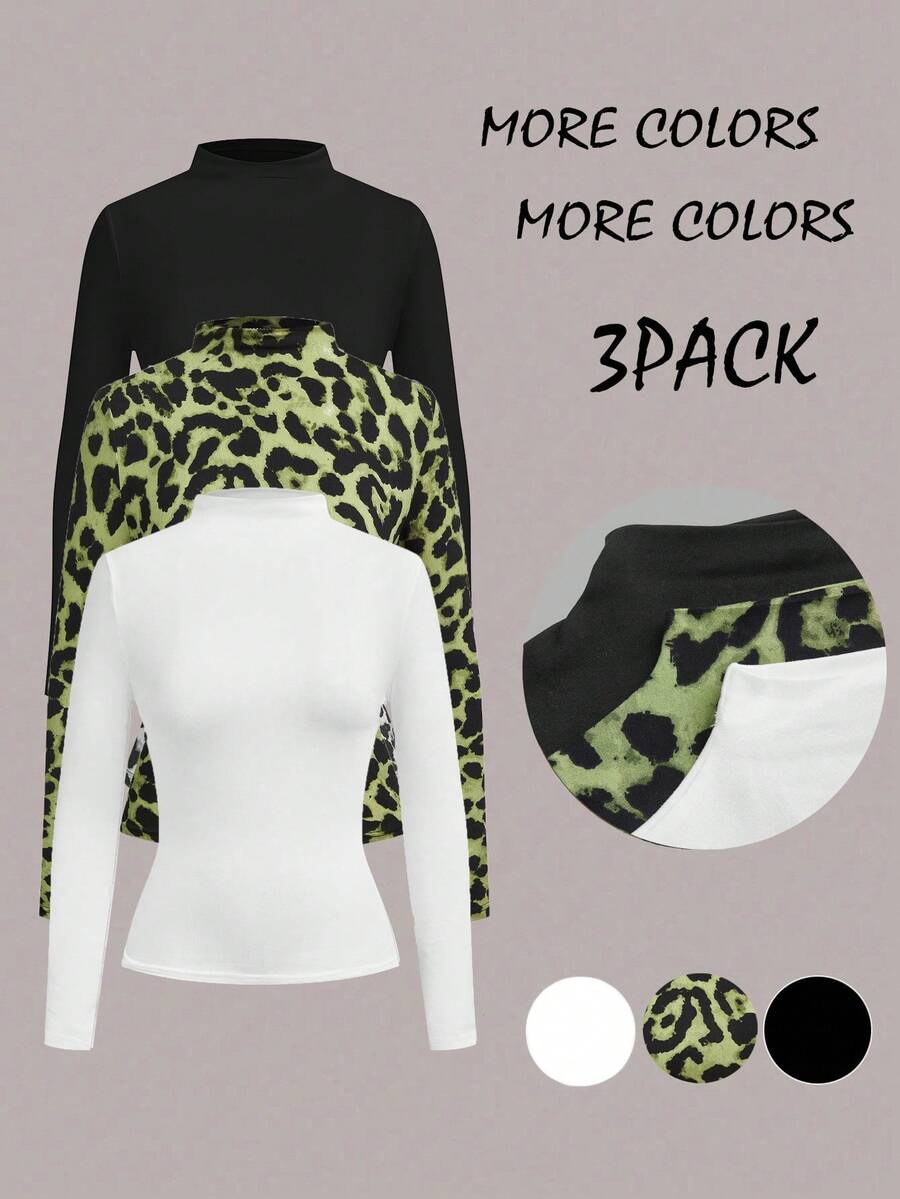 SHEIN LUNE 3pcs/Set Kaos Dalaman Kasual Warna Polos & Motif Leopard Ketat untuk Musim Gugur/Dingin, Kaos Grafis - Dark Green - View 1