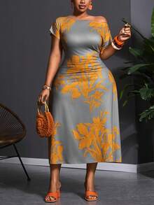 Slaydiva Đầm maxi dáng chữ A ôm sát, vai bất đối xứng, eo nhún, in hoa, chất liệu vải dệt kim, cỡ lớn, thích hợp cho mùa Xuân/Hè, thanh lịch, dự tiệc, hẹn hò, tụ họp, lễ hội, tiệc sinh nhật, mùa cưới, mùa tốt nghiệp, dạ hội, lễ hội âm nhạc, đêm hội con gái, buổi tối hẹn hò. - Nhiều màu - Xem 7