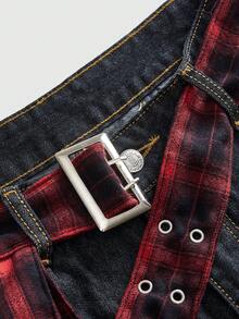 ROMWE EDITION Y2K复古美式格子裙摆层叠喇叭牛仔裤 - 藍色 - 查看 3