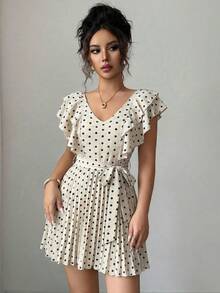 Elenzga 荷叶边V领腰部褶裥A字波点印花度假优雅浪漫女装 - 彩色 - 查看 6