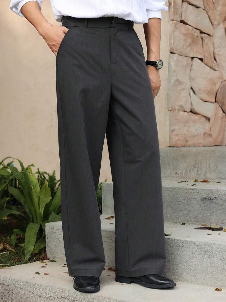 Men's Solid Dark Grey Formal Suit Pants, Suitable For Commuting, Spring/Autumn