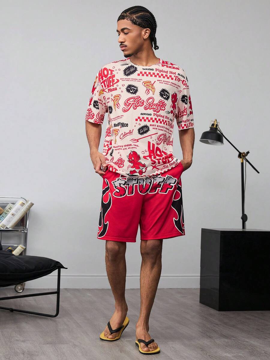 SHEIN HOT STUFF Men's Comfortable All-Over Print Short Sleeve T-Shirt And Shorts Loungewear Set, Summer - Red and White - View 1
