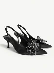 CUCCOO CHICEST Escarpins à bout pointu pour femmes ornés de fleurs, talons moyens. Élégants, doux et romantiques talons hauts en satin rose pâle. Chaussures de soirée pour le thé de l'après-midi, les rendez-vous, les fêtes, le Nouvel An, le Printemps - Noir - Voir 2