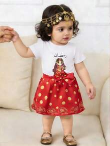 Baby Girl Spring/Summer 2-Piece Set: Cute Cartoon Girl Print Knit Round Neck Short Sleeve T-Shirt And Faux Foil Rose Floral Polka Dot Print Pleated Hem Skirt, Burgundy - Burgundy - View 1