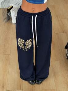 Coolane Women's Spring/Summer Streetwear Back To School Casual Fashion Street Leopard Print Numeric & Letter Drawstring Waist Loose Wide Leg Pants - Blue - View 5