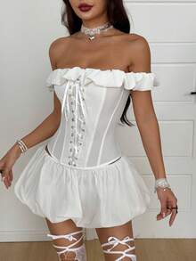 Coolane 女士春冬哥特风Y2K可爱优雅露肩束身白色上衣 - 白色 - 查看 3