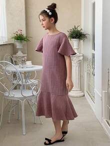 DAZY Đầm ngắn tay cổ tròn xếp ly viền ren cho bé gái tuổi teen, mùa xuân - Màu tím - Xem 3